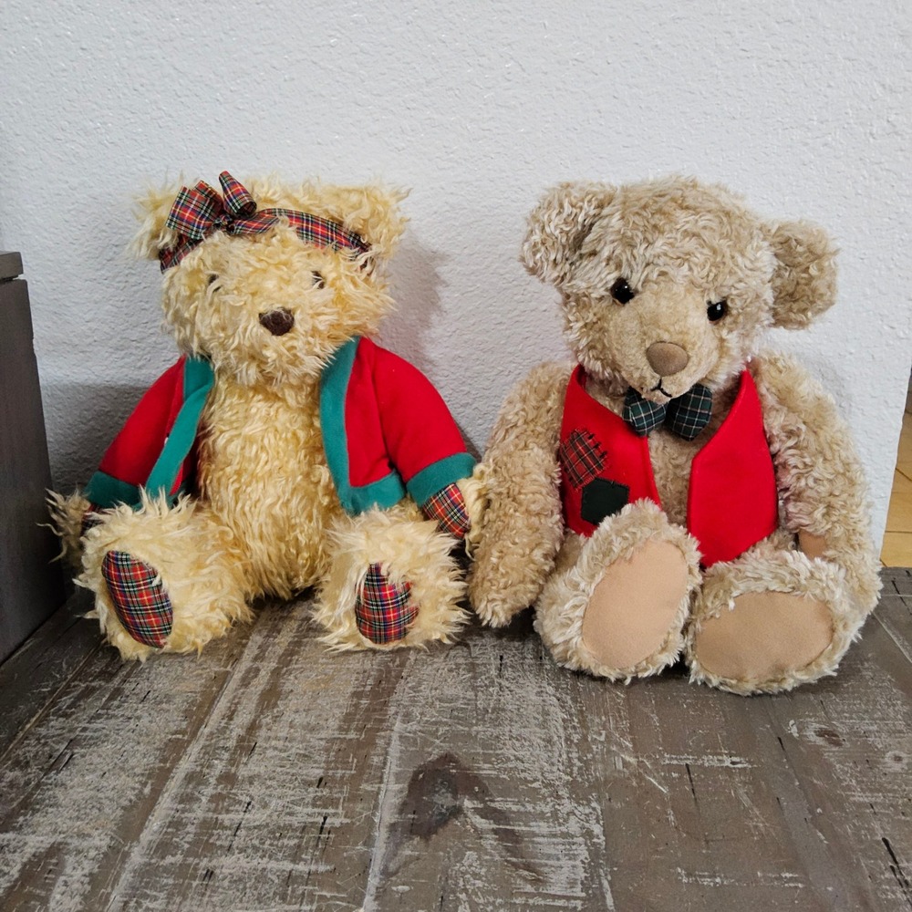 Hallmark Christmas Teddy Bears Plush Small Tan Plaid Bow Snowman Jacket Classic